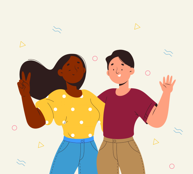 illustration of two youth in a side hug flashing peace signs