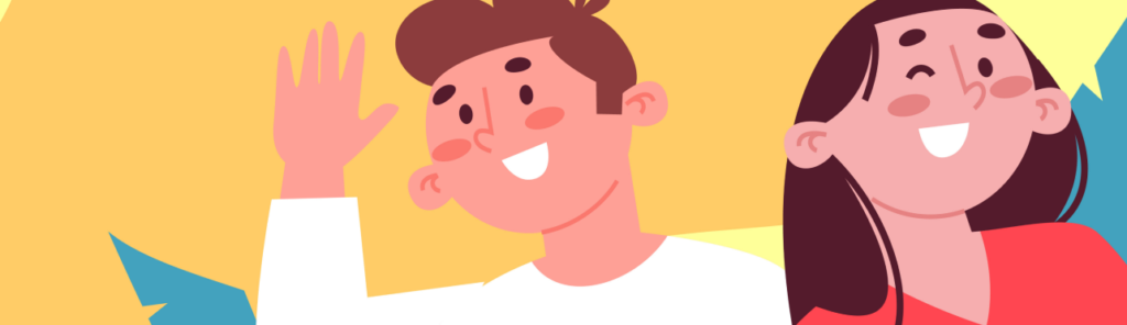 illustration of two youth, one waving, the other winking